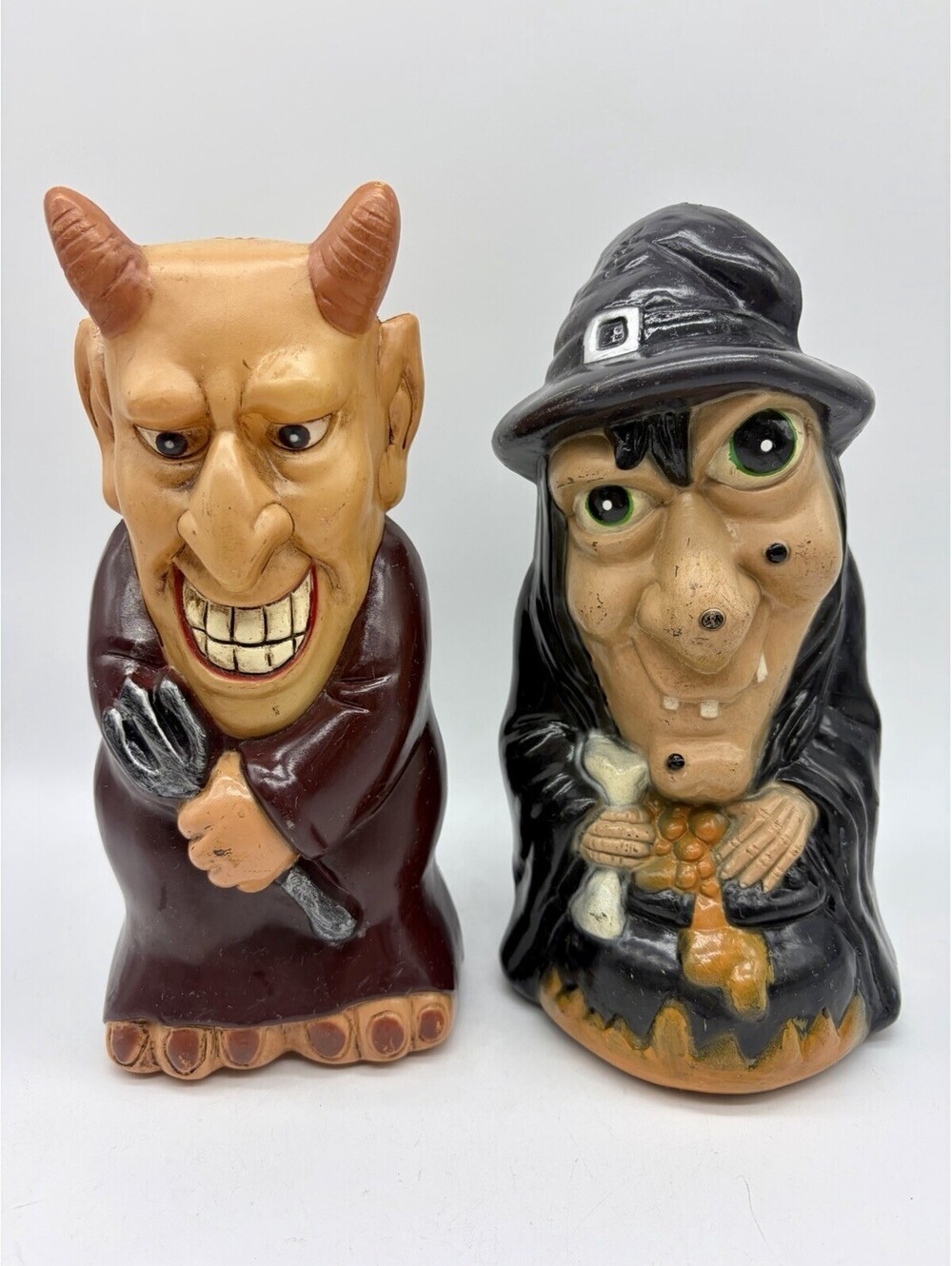 Vintage Halloween Plastic Blow Mold Set Of 2 Witch & Devil 9” Dynagood 2001